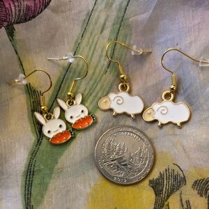 Cute Easter Bunny and Sheep Earrings Set - White and Goldtone